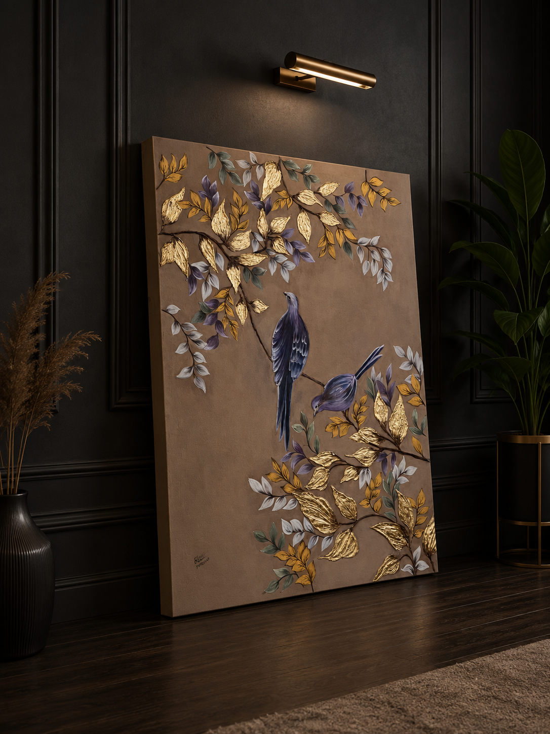 Graceful Birds & Golden Foliage – Acrylic Painting by Zirwa Mazhar