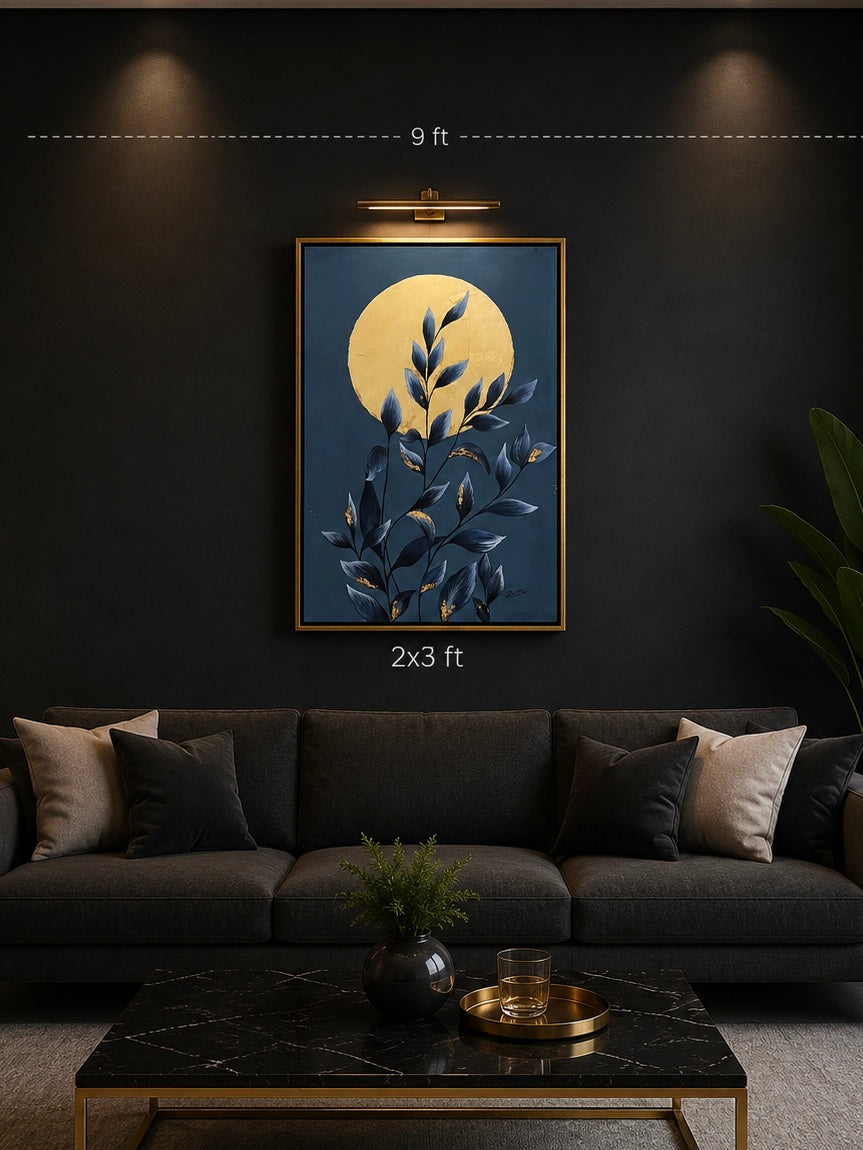 Golden Moon & Midnight Foliage – Abstract Painting
