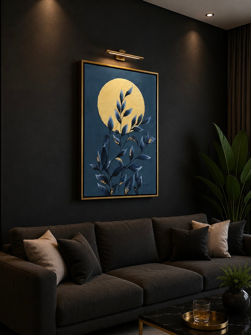 Golden Moon & Midnight Foliage – Abstract Painting