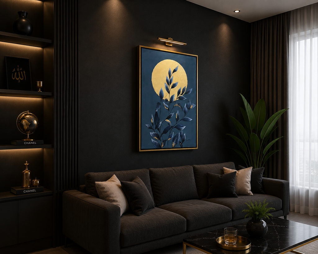 Golden Moon & Midnight Foliage – Abstract Painting
