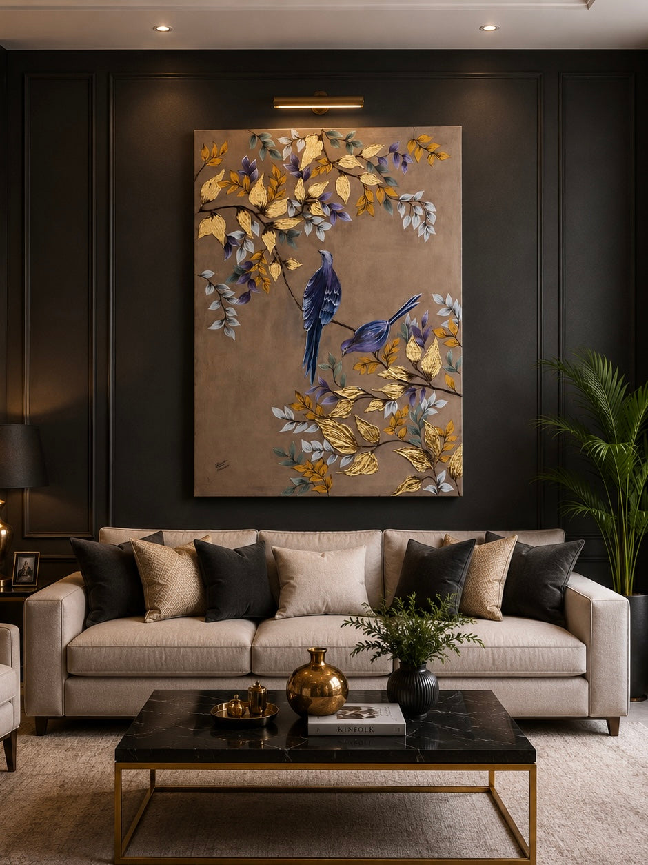 Graceful Birds & Golden Foliage – Acrylic Painting by Zirwa Mazhar