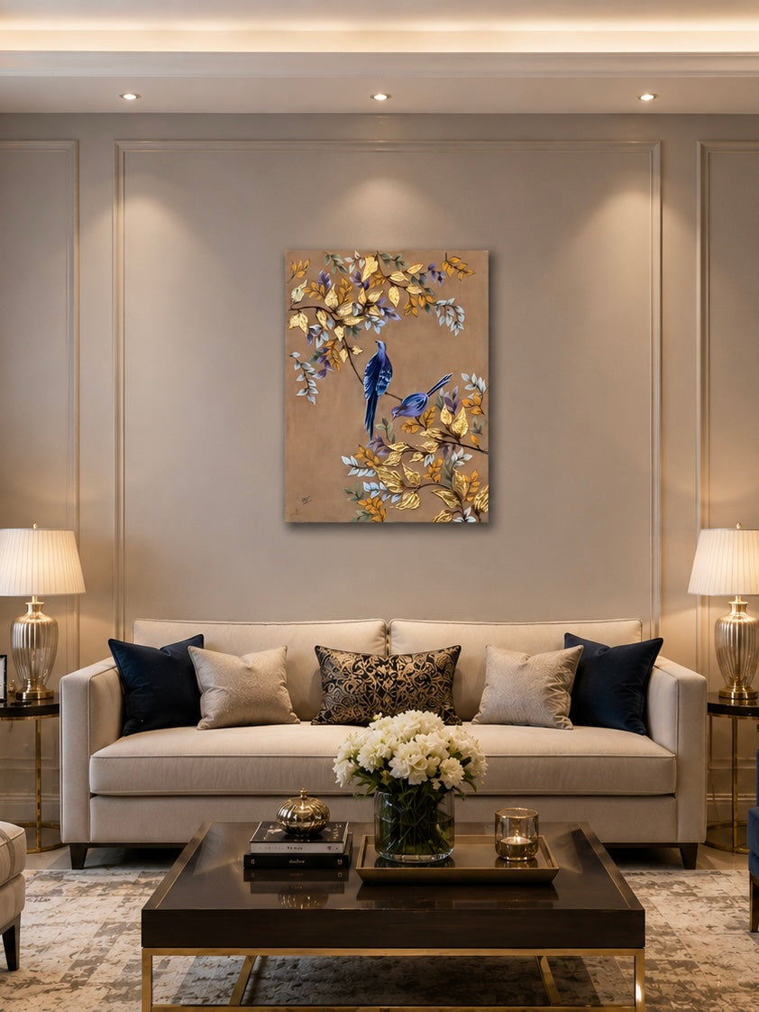 Graceful Birds & Golden Foliage – Acrylic Painting by Zirwa Mazhar