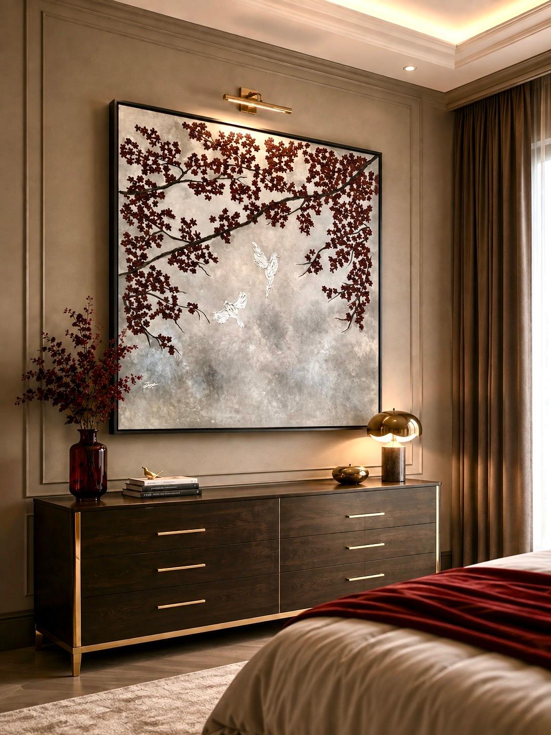 Crimson Blossom Birds – Textured Acrylic Painting on Canvas