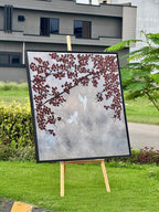 Crimson Blossom Birds – Textured Acrylic Painting on Canvas