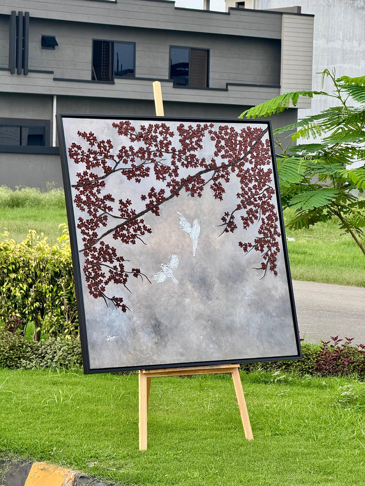 Crimson Blossom Birds – Textured Acrylic Painting on Canvas