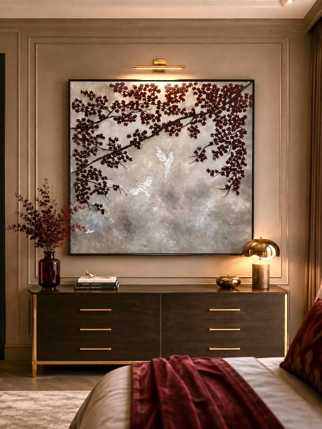 Crimson Blossom Birds – Textured Acrylic Painting on Canvas